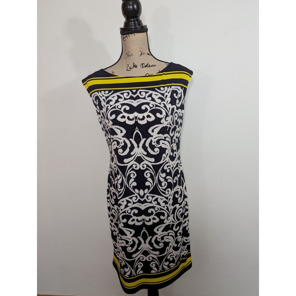 Jessica Howard Stretch Shift Dress Womens S Navy Yellow Scroll Damask Workwear